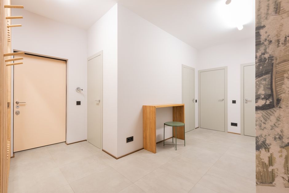 Beautiful modern fiberglass entry door installed in a home